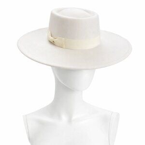 Wide Brim Boater Hat in Faux Felt - Structured Hat with Ribbon White